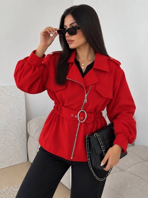 Nido Moda Kadın Kırmızı Kemerli Fermuarlı Ceket Balon Kol Şık Tasarım