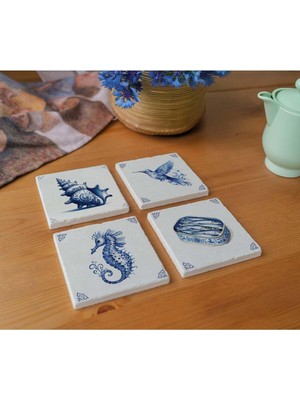 Odea Arslart Deniz Canlıları Temalı Taş Bardak Altlığı - 4'lü Set