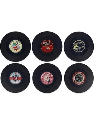 Odea Spelt 6 Adet Vinil Plak Görünümlü Retro Tasarım Konsept Kaydırmaz Bardak Altlığı 10,5 cm