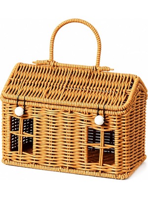 Odea Tr Iskandinav Tarzı Hasır Görünümlü Ev Şeklinde Saklama Sepeti, Taşınabilir El Sepeti, Dekoratif Organizatör, 24X13.5X17.5 cm