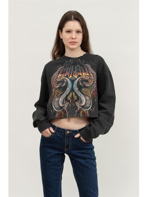 Replay Cropped Kadın Bisiklet Yaka Sweatshirt Siyah