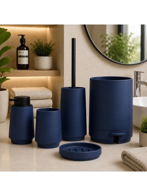 Odea Tr Akrilik Banyo Seti 5 Parça, Çöp Kovası, Tuvalet Fırçası, Sıvı Sabunluk, Diş Fırçalık ve Bardak, Modern Tasarım, Dekoratif Banyo Aksesuar Seti, Mat Lacivert
