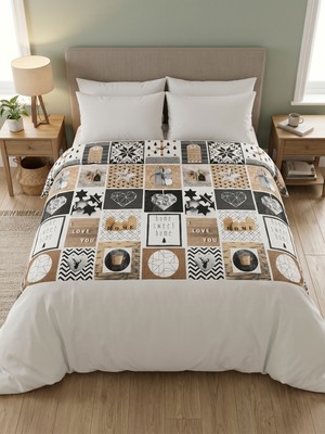 Maki Home Makiteks Çift Kişilik 200X220+2*(50X70) Nevresim Seti Home Sweet Home Patchwork Rustik Geyik ve Kalp Desenli Beyaz