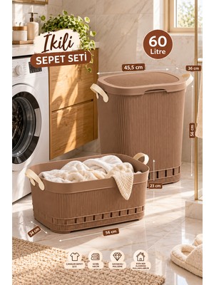 Porsima Ikili Çamaşır Sepeti Seti – 60 Litre Kapaklı Kirli Çamaşır Sepeti ve Köşeli Still Çamaşır Sepeti Mokka