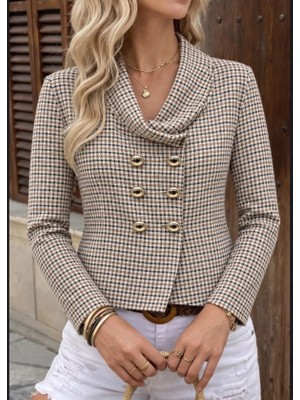 Defy Moda Ekose Desenli Kruvaze Blazer Ceket