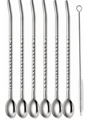 Odea Tr Paslanmaz Çelik Pipet Seti 6'li + Temizleme Fırçası – Kaşıklı Metal Pipet, Yeniden Kullanılabilir Çevre Dostu Pipet Seti