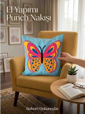 Reyn Handmade El Yapımı Punch Nakışlı Dekoratif Kırlent Kılıfı - Kelebek Desenli (Mavi)