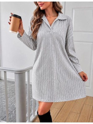 Defy Moda Gri Çizgili Yaka Detaylı Coton/elbise