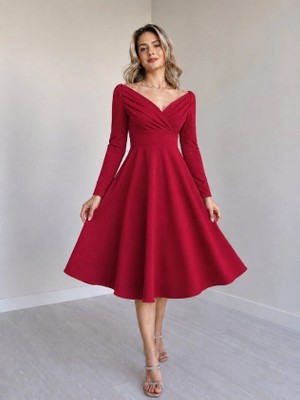 Defy Moda Kadın Uzun Kollu Kruvaze Yakalı Pileli Midi Janjan Krep Elbise
