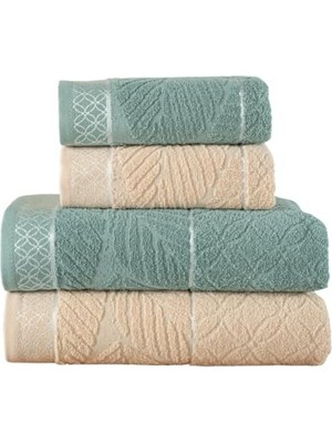 Odea Mürdüm Home Leaf Çift Renk Jakarlı Banyo Havlu Takımı, 4'lü Paket 2 Parça (70X140),2 Parça (50X90) Yumuşak ve Emici, Kaliteli Günlük Kullanıma UYGUN%100 Pamuk Havlu (Yeşil-Krem)