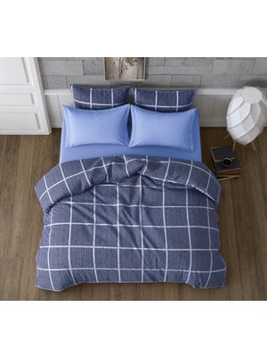 Odea Lüks%80 Pamuklu Çift Kişilik Nevresim Takımı Seti Yorgan Kılıfı Mavi Lacivert Kare Beyaz Çizgi Desen 200X220 cm + Lastikli Battal Boy Çarşaf 180X200X30 cm +2 Yastık Kılıflı 50X70 cm