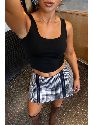 Makent Moda Ekose Fermuarlı Mini Etek