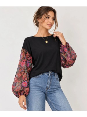 Defy Moda Çiçek Desenli Şifon Kollu Siyah Triko