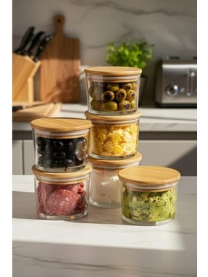 Odea 220 ml Bambu Kapaklı Cam Kahvaltılık Saklama Kabı, 6'lı Set