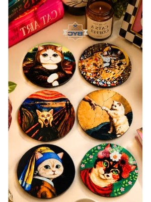 Odea Kedi Tasarımlı Sanat Eseri Bardak Altlığı Seti, 6'lı