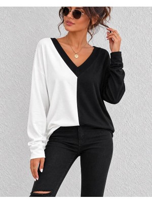 Defy Moda Siyah-Beyaz Blok Tasarımlı V Yaka Uzun Kollu Bluz