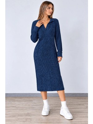 Defy Moda Kadın Polo Yaka Lacivert Uzun Kollu Midi Elbise