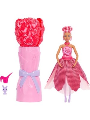 Odea Barbie Petal Pop Bebek ve Aksesuarlar, Gül Şeklinde Elbise Giyen Kokulu Bebek, Minik Tavşan ve Sulama Kabı, Kolye ve Küpe Gibi Sürprizler ile Çiçek Buketi Sürprizi, JMF59