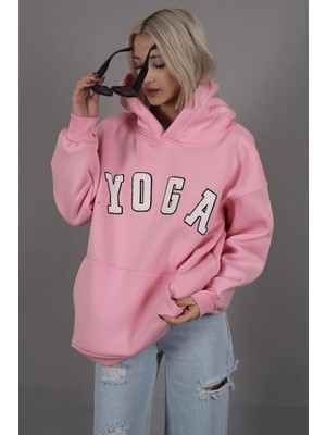 Madmext Pembe Nakışlı Oversize Kapüşonlu Sweatshirt MG1580