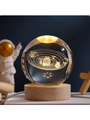 Odea LED Işıklı Ahşap Stantlı Gece Lambası, Kristal Cam Küre
