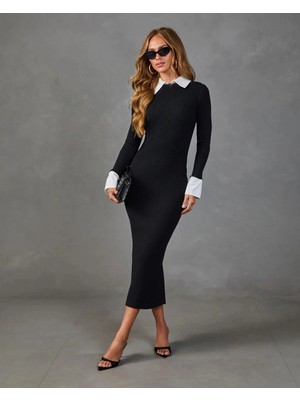 Defy Moda Kadın Uzun Kollu Yakalı Yakası, Kol Ağzı Trikoton Uzun Kaşkorse Elbise