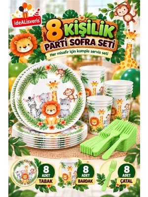 Bkmc Safari Temalı Doğum Günü Parti Seti| 8 ve 16 Kişilik | Tabak Bardak Çatal Seti | Doğum Günü Sofra Süsleme 24 / 48 Parça | Çocuk Doğum Günü Sofra Seti