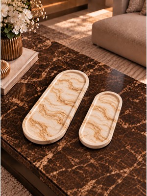 Betonmall 2’li Oval Dekoratif Tabak Seti Mermer Desenli Orta Sehpa Salon Dekoru