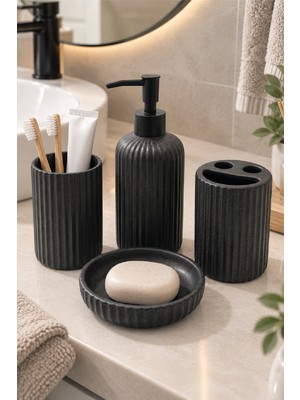 Renkliürün 4 Parça Dekoratif Seramik Banyo Seti Siyah Desenli AB002