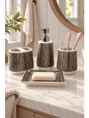 Renkliürün 4 Parça Dekoratif Seramik Banyo Seti Koyu Ahşap Desenli D155-10