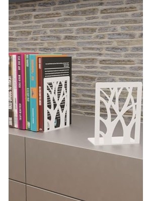 Odea Ikili Set Ağaç Desenli Beyaz Metal Kitap Tutucu, Metal Destek