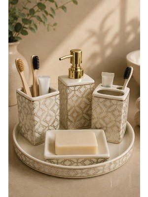 Renkliürün 5 Parça Seramik Banyo Seti Beyaz-Gold Desenli HZ034-1