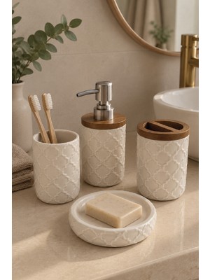 Renkliürün 4 Parça Dekoratif Seramik Banyo Seti Beyaz Desenli HZ062