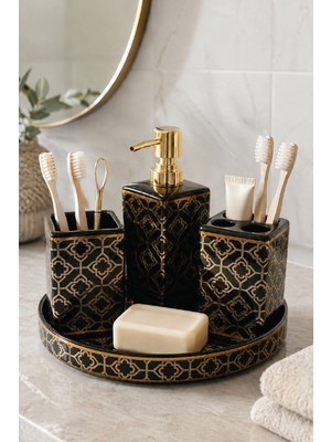 Renkliürün 5 Parça Seramik Banyo Seti Siyah-Gold Desenli HZ034-1