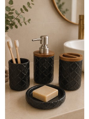 Renkliürün 4 Parça Dekoratif Seramik Banyo Seti Siyah Desenli HZ062