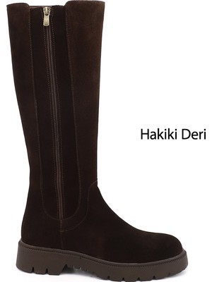 Gönderi(r) Kadın Kahve Süet  Fermuarlı Kauçuk Taban Hakiki Deri Çizme