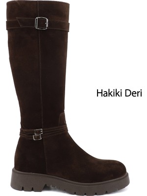 Gönderi(r) Kadın Kahve Süet  Fermuarlı Kauçuk Taban Hakiki Deri Çizme