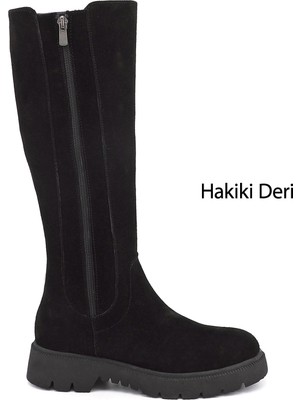 Gönderi(r) Kadın Siyah Süet  Fermuarlı Kauçuk Taban Hakiki Deri Çizme