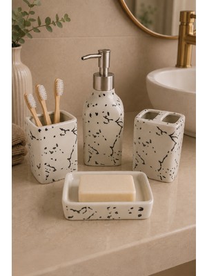 Renkliürün 4 Parça Seramik Banyo Seti Beyaz Desenli JY013