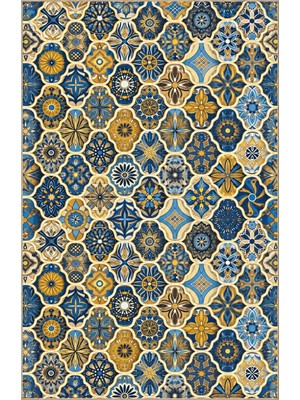 Rugs Modern Halı Sdtplus Çini Madalyon Geometrik Desenli Çok Renkli Ince Dokuma Taban Salon Halısı OZL246