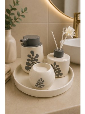 Renkliürün 4 Parça Seramik Banyo Seti Beyaz Yaprak Desenli C050