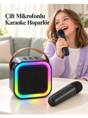 Laraheiser Renkli LED Aydınlatmalı Taşınabilir Bluetooth Hoparlör ve 2 Mikrofon Seti