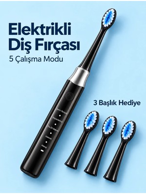 Laraheiser Değiştirilebilir Başlıklı Siyah Elektrikli Diş Fırçası 5 Mod ve 3 Yedek Başlık