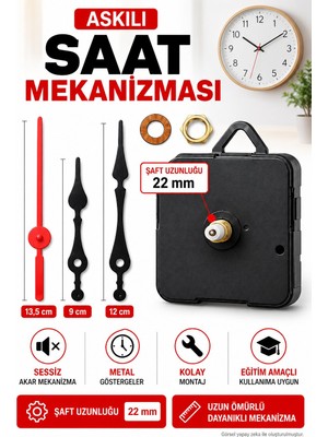 Hobialem Askılı Sessiz Akar Saat Mekanizması 22 mm Şaft Metal Akrep Yelkovan Saniye Seti