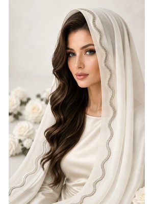 Ceylan Collection Mevlüt Örtüsü - Kırık Beyaz Boncuk Işlemeli Özel Tasarım Şifon Mevlüt Örtüsü 70×150