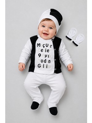 BEBEKİZ Siyah Beyaz Taraftar Yenidoğan Bebek Takımı 4'lü Set Baskılı Hastane Çıkışı Unisex %100 Pamuk Bebek Seti