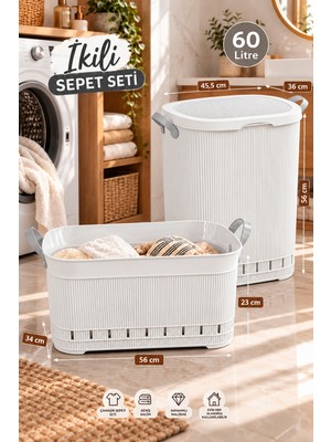 Porsima Ikili Çamaşır Sepeti Seti – 60 Litre Kapaklı Kirli Çamaşır Sepeti ve Köşeli Still Çamaşır Sepeti Beyaz