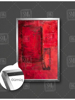 SML Tablo Kırmızı Geometrik Fırça Izi Red Bordo Modern Dekor Çerçeveli Dikey Kanvas Tablo