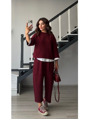 Elisin Bordo Kontrast Tshirt Detaylı Örme Takım