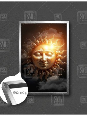SML Tablo Güneş Sembolü Gülümseyen Güneş Işık Saçan Saçları Çerçeveli Dikey Kanvas Tablo