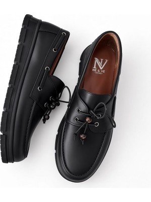 Ne&Ve Shoes Siyah Deri Kadın Lastik Bağlı Loafer Ayakkabı